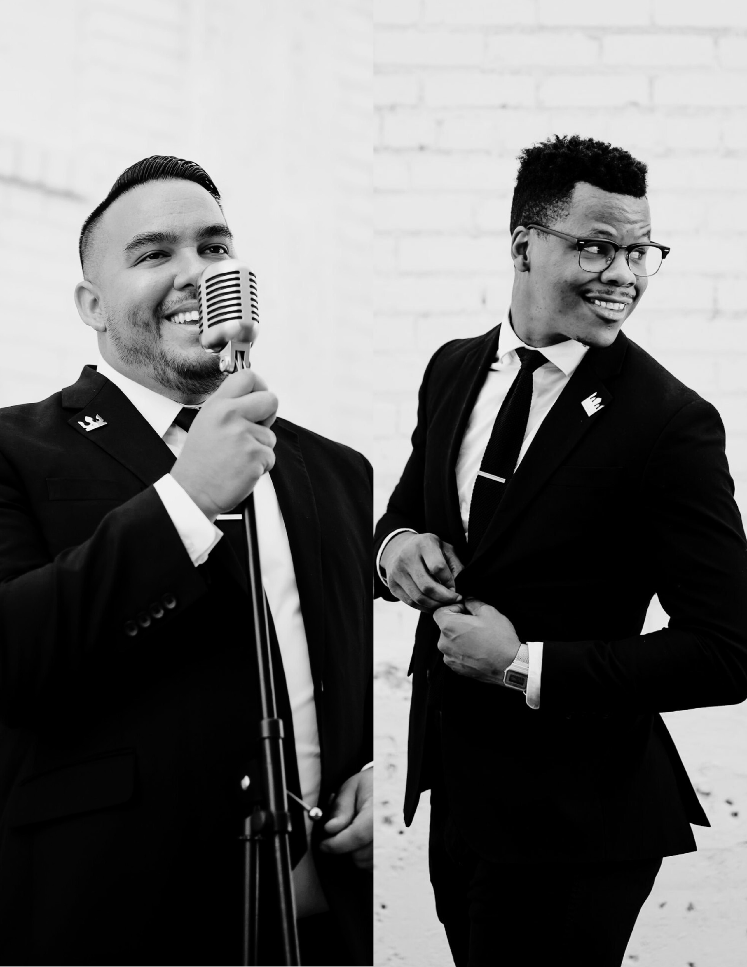 Black-and-white portraits of Cornell Leffler & Ether Saure from the Downtown Collective band, one singing into a vintage microphone and the other adjusting his suit jacket.