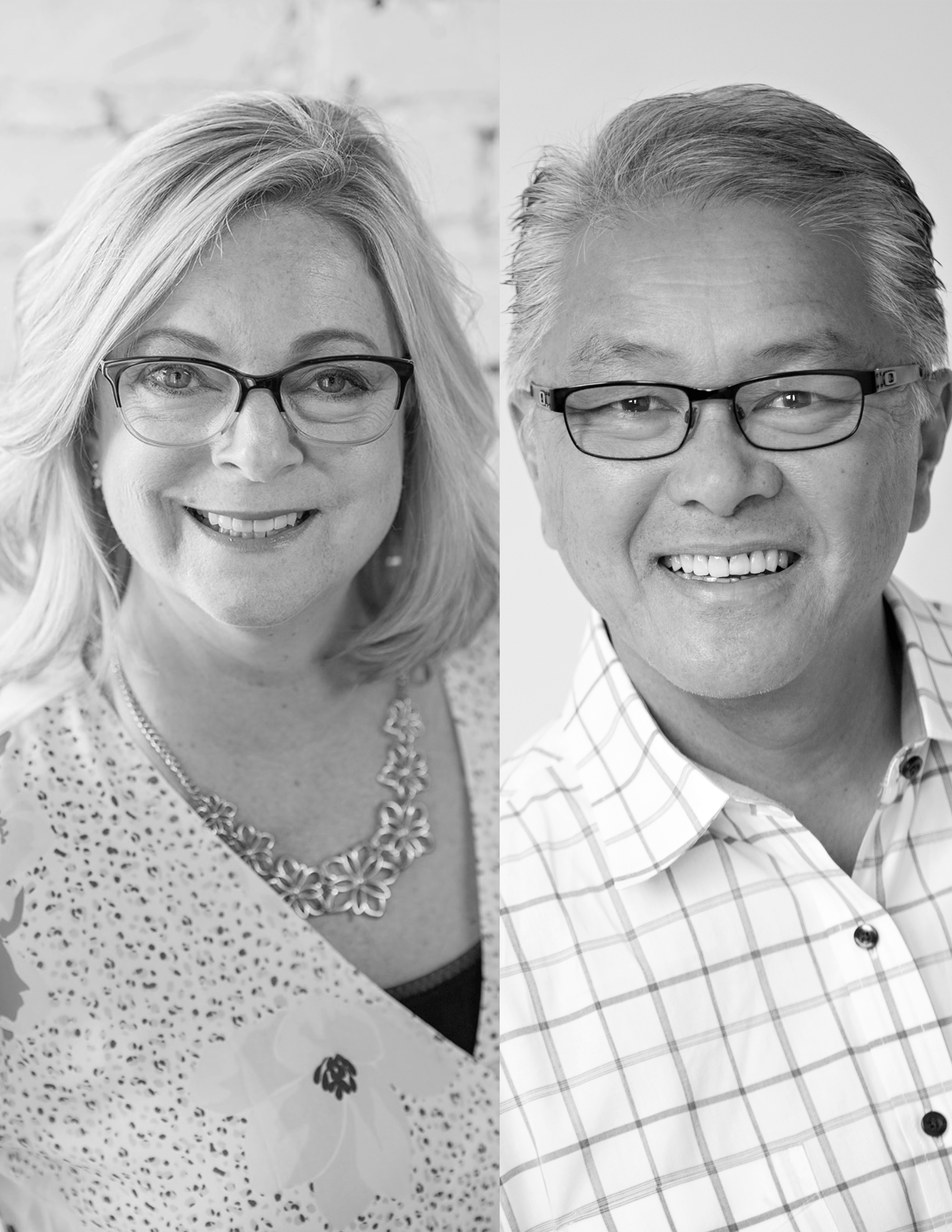 Professional headshots of Dawn and Ralph Dacut, co-founders and officiants of Flutterby Celebrations