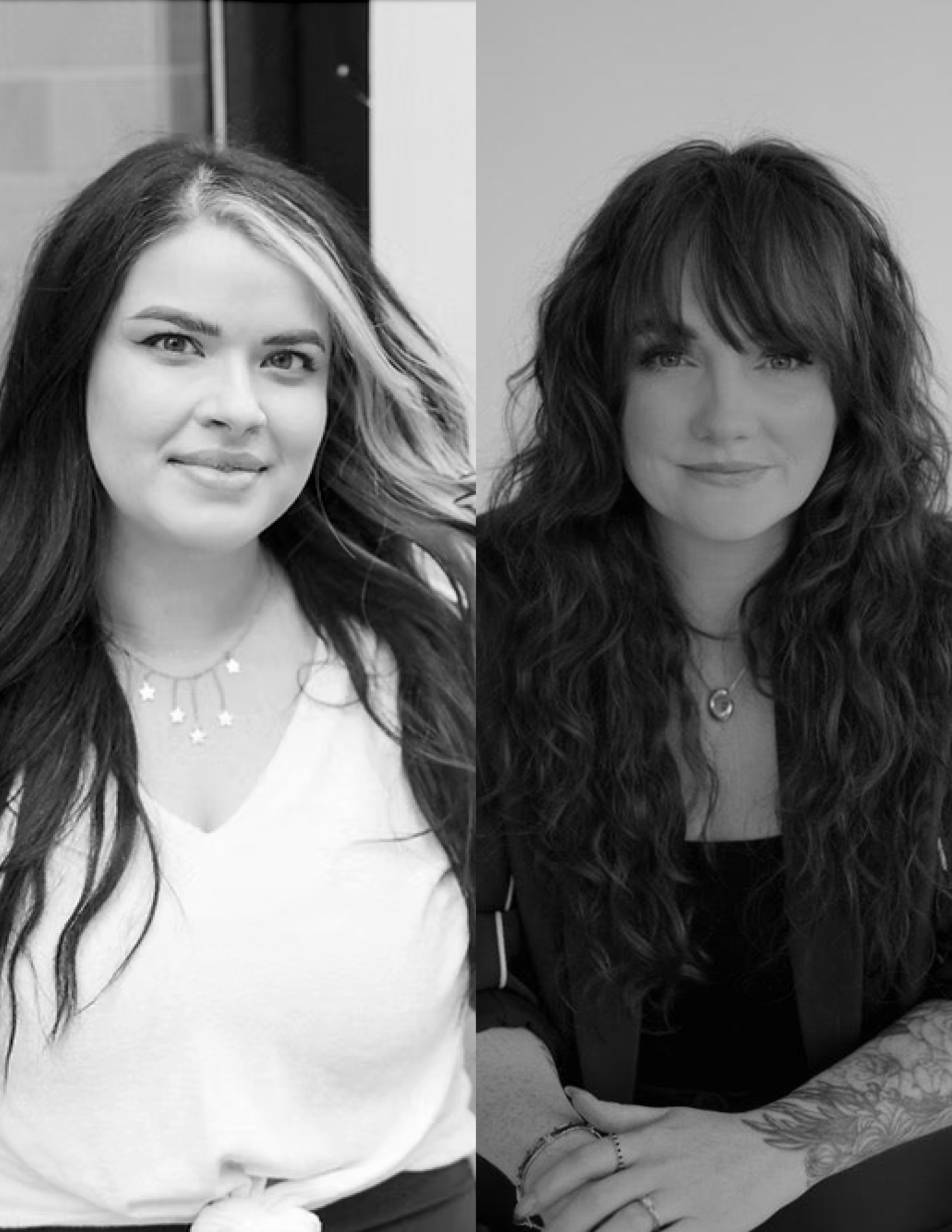 Black and white portrait of Gemma-Louise Sherman and Brittany Desmondez, bridal hair specialists with Bridal Beaut, showcasing their expertise in wedding hairstyling.