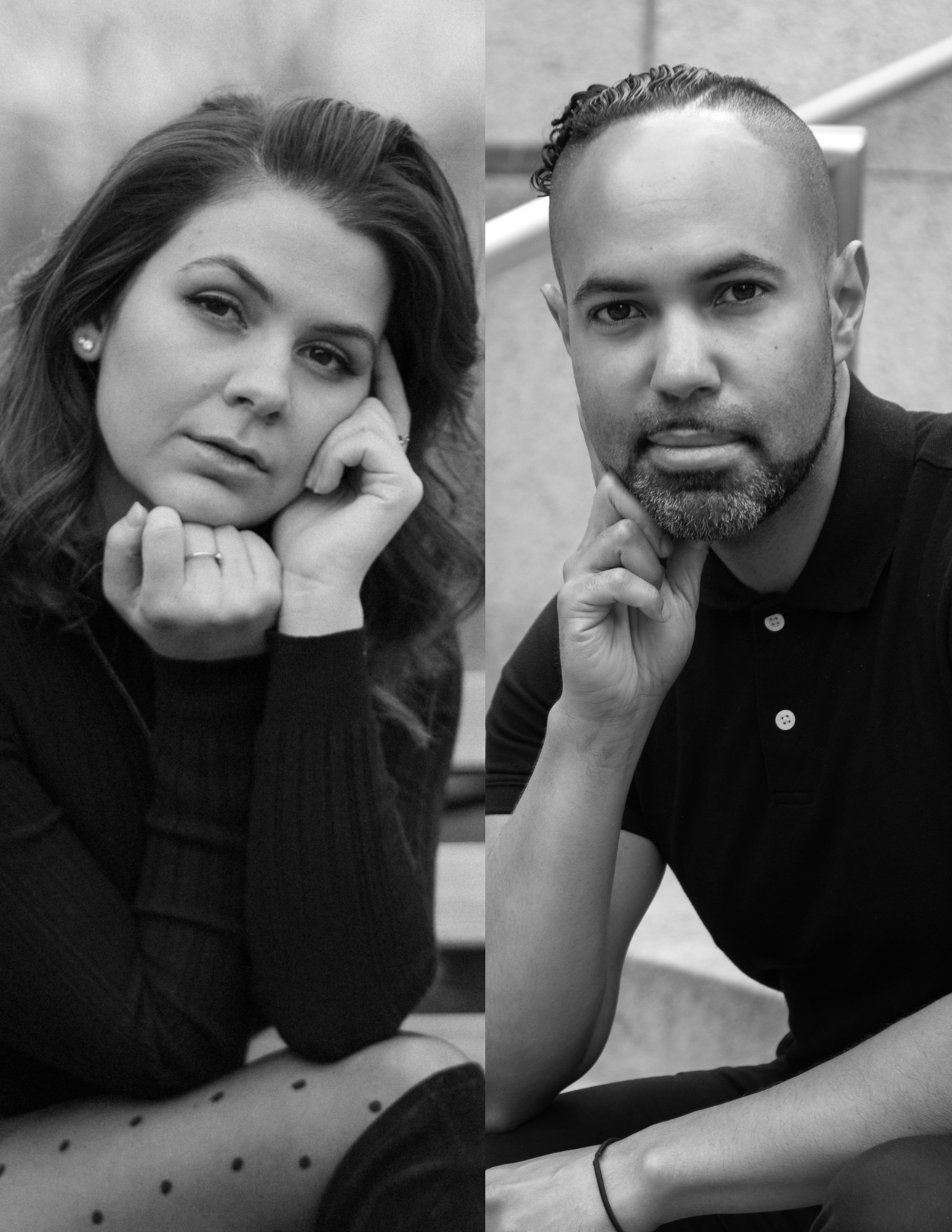 Black and white headshots of Gabrielle Earle and Ernesto Abreu Jr., choreographers and instructors at Visionary Productions, LLC—experts in custom first dance choreography for weddings